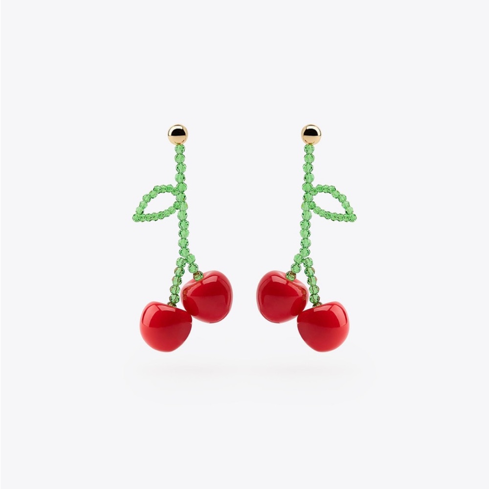 Zara Beaded Cherry Drop Earrings – Green & Red Statement Fruit Jewelry!! NIB